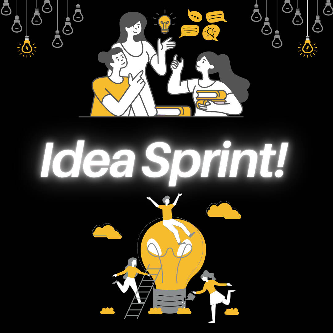Idea Sprint Graphic with Canva-drawn people and lightbulbs